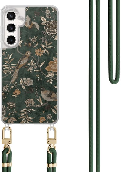 Telefoonhoesje met koord geschikt voor Samsung S24 FE - Khaki golden flowers - Inclusief Groen koord - Transparant, Groen - Vogel - Crossbody beschermhoes - Met Telefoonketting