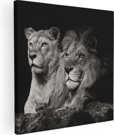 Artaza Canvas Schilderij Leeuw - 90x90 cm - Wanddecoratie Leeuw En Leeuwin - Muurdecoratie Zwart Wit - Schilderijen Op Canvas Dieren