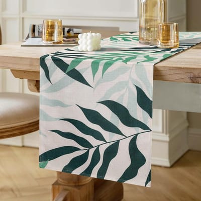 Tafelloper, bladeren, groen, lente, zomer, modern, polyester, linnen, mintgroen, bladeren, kleine tafelloper voor vakantie, party, picknick, keuken, 40 x 140 cm