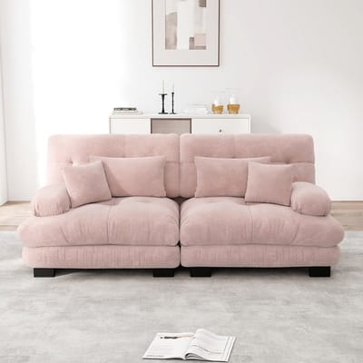 Pugsdrly Cloud hoekbank voor woonkamer, dubbele bank in chenille met 2 lendenkussens en 2 sierkussens, massief houten frame, roze chenille