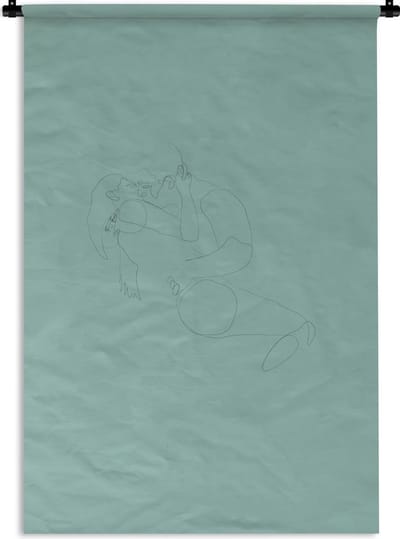 Wandkleed Line-art Koppel - 6 - Line-art illustratie kussend koppel op een groene achtergrond Wandkleed katoen 90x135 cm - Wandtapijt met foto