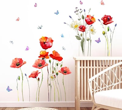 Muurstickers met Rode Klaprozen en Vlinders - Waterverf Bloemen Decor voor Woonkamer en Slaapkamer, Makkelijk aan te Brengen en Verwijderen