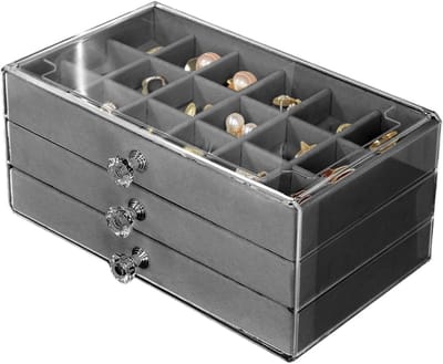 Verzamelbox Stenen - Vitrine Opbergdoos - Collectie Presenteren - Verstelbare Vakken - 18 Roosters Per Niveau - Zwart