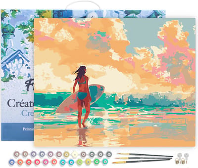 Figured'Art Schilderen op Nummer Volwassenen met lijst Surfer meisje bij zonsopgang- Handwerk acrylverf Kit DIY Compleet - 40x50cm Canvas al ingelijst