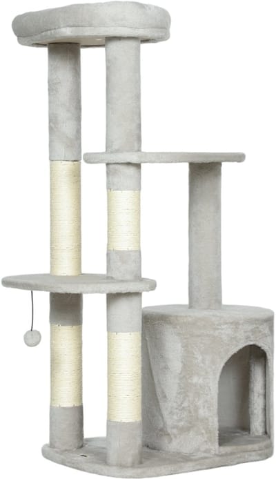 Kratzbaum - 114 cm - Katzenturm mit Höhle, Sisalstämme, Plattform - Mehrstöckig für Mittelgroße Katzen - Sisal - Hellgrau