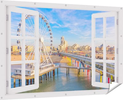 Gards Tuinposter Doorkijk Scheveningen Pier met de Ferris Wheel - Reuzenrad - 180x120 cm - Tuindoek - Tuindecoratie - Wanddecoratie buiten - Tuinschilderij