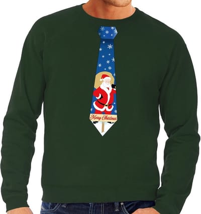 Foute kersttrui / sweater stropdas met kerstman print groen voor heren S
