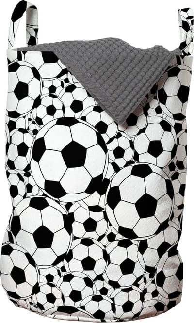New Bed, Wasmand Voetbal voor Kinderen, Zwart Witte Opbergmand Kinderkamer met Sportthema met Handvatten en Koordsluiting, Speelgoedmand kinderen - Speelgoedkist- Wasbox - 33 x 48 cm