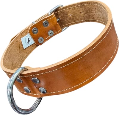 K9World by van der Veeke Tuigleren Hondenhalsband – Cognac Bruin – 4 cm Breed – Nekomtrek 40-50 cm – Echt Leer – Gestikt – Verstelbaar – Handgemaakt in Nederland