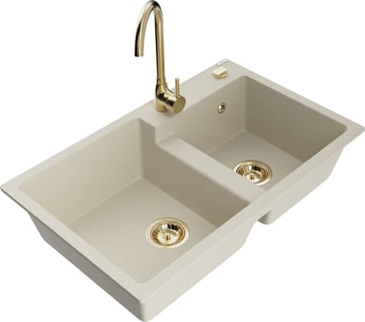 Mexen Tomas granieten gootsteen 2-kamer met keukenmengkraan Telma, beige - 6516-69-670200-50