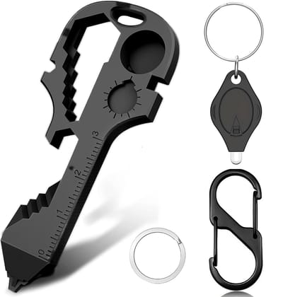 24-in-1 Klein Multitool Survival Sleutelhanger met Dubbelzijdig Karabijnhaak en Mini Zaklamp - Gereedschap voor Fietsreparatie met Carabiner, Bieropener, Sleutelring - Fiets Accessoires reparatieset - Keychain Gadget - Multi Tool Flesopener - Zwart