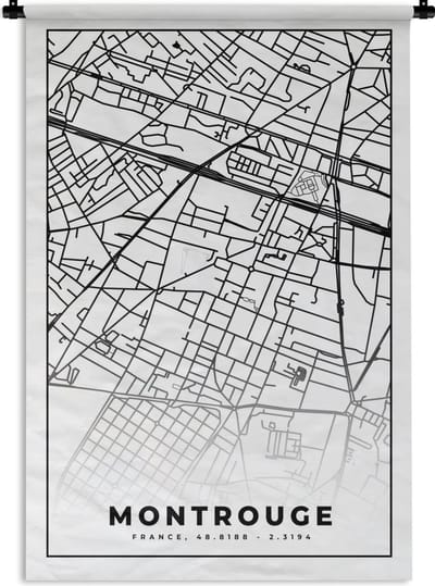 Wandkleed - Wanddoek - Stadskaart – Plattegrond – Montrouge - Kaart – Frankrijk - Zwart wit - 120x180 cm - Wandtapijt