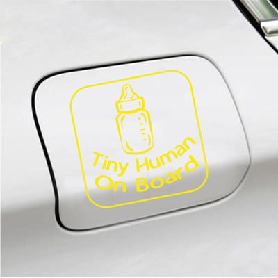 Bumpersticker - Tiny Human On Board - 14 X 14 - Geel