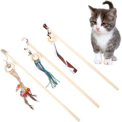 3 stuks Katten Plagstok Houten Interactief Trainings Speelspeeltje met Klein Belletje white