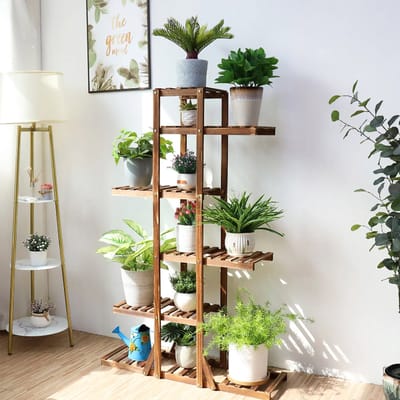 Happyment Plantenstandaard - Plantenrek trap - Bloemenrek voor binnen en buiten - Tuin etagere hout - 131cm