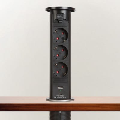 Gemotoriseerde Pop-up Inbouw Stekkerdoos - Zwart, 3 Childproof Stopcontacten + 2 USB (3,1 A), 3500 W, 230V AC [20451B]