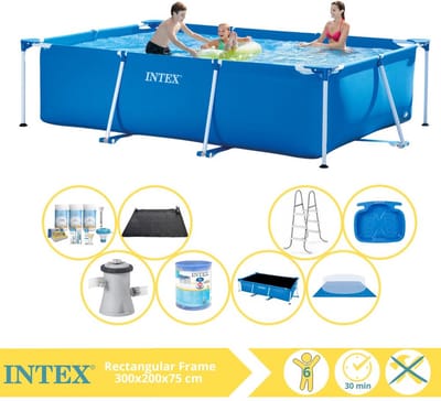 Intex Rechthoekig Frame Zwembad - 300 x 200 x 75 cm - Blauw - Inclusief Solarzeil - Onderhoudspakket - Zwembadfilterpomp - Filter - Grondzeil - Solar Mat - Ladder - Voetenbad - 9-delig
