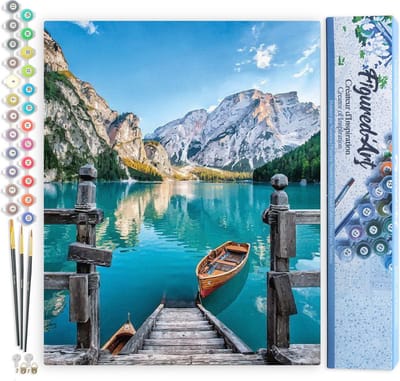 Figured'Art Schilderen op Nummer Volwassenen canvas Boot op het bergmeer - Handwerk acrylverf Kit DIY Compleet - 40x50cm zonder frame
