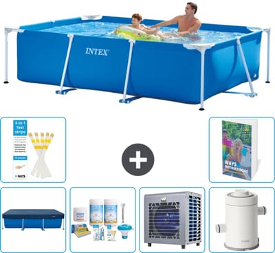Intex Rechthoekig Frame Zwembad - 260 x 160 x 65 cm - Blauw - Inclusief Afdekzeil - Onderhoudspakket - Warmtepomp - Zwembadfilterpomp - 7-delig