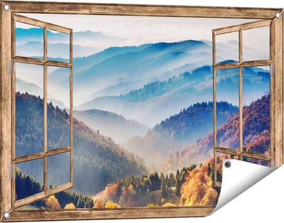 Gards Tuinposter Doorkijk Heuvel Landschap van het Zwarte Wout Bos - 90x60 cm - Tuindoek - Tuindecoratie - Wanddecoratie buiten - Tuinschilderij