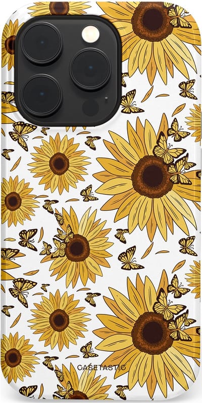 Casetastic Hoesje Geschikt voor Apple iPhone 14 Pro Magsafe - Stijlvolle Beschermende Duo-layer Case - Zonnebloem Zomer met vlinders