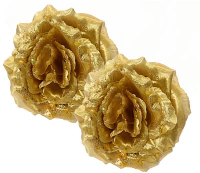 Kerstboomversiering Bloem - 2x - 14 cm - goud - op clip - ornament - roos
