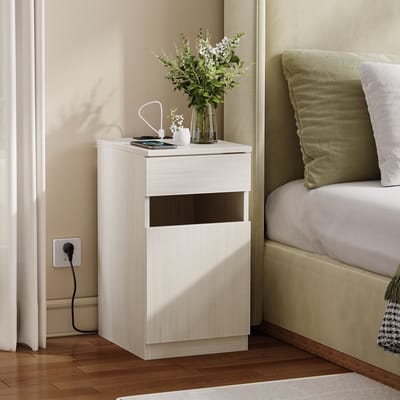 Pugsdrly Nightstand, nachtkastje met oplaadfunctie, slaapkamerkastje met USB & stopcontact, 30x40x61,5 cm, licht houten look, inclusief prullenbak