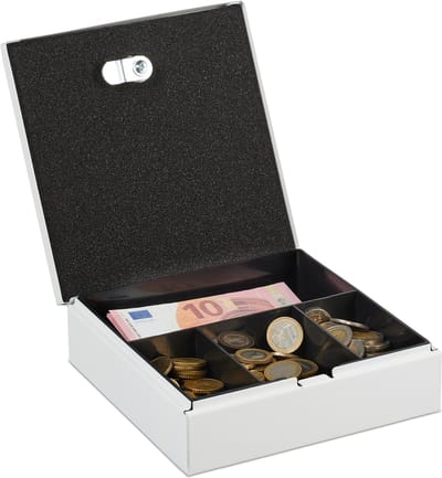 geldkistje met sleutel - 4 vakken - uitneembaar bakje - 6 x 17 x 17,5 cm - ijzer - wit