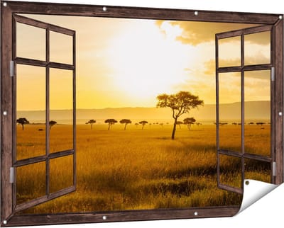Gards Tuinposter Doorkijk Zonsondergang in de Savanne - 150x100 cm - Tuindoek - Tuindecoratie - Wanddecoratie buiten - Tuinschilderij
