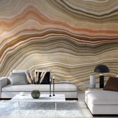 Fotobehang Profhome 382291-GU vliesbehang hardvinyl warmdruk in reliëf glad in marmerlook mat beige oranje groen grijs 3,71 m x 2,8 m