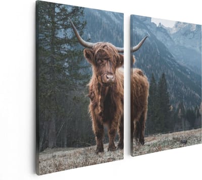 Artaza Canvas Schilderij Tweeluik Schotse Hooglander Koe In De Bergen - 80x60 - Foto Op Canvas - Canvas Print
