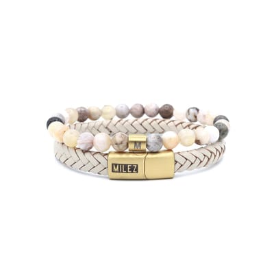 Milez - Armband set dames - armband dames leer kralen - Creme-Goud - Maat M