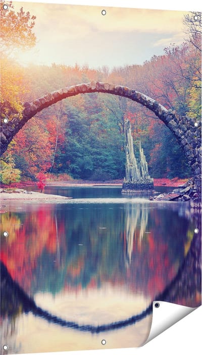 Gards Tuinposter Rakotz Brug in Duitsland in de Herfst - 80x120 cm - Tuindoek - Tuindecoratie - Wanddecoratie buiten - Tuinschilderij