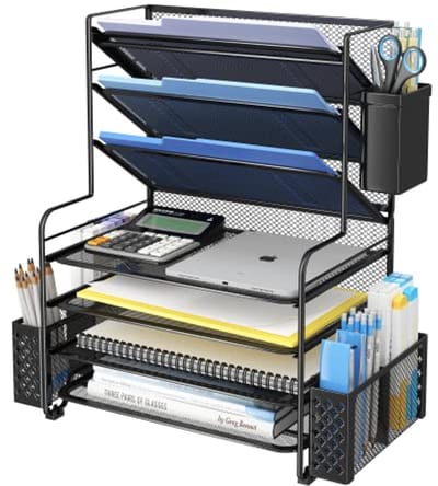 7-laagse Bureau File Organizer met Pen Houder en Metalen Hangmand - Zwart