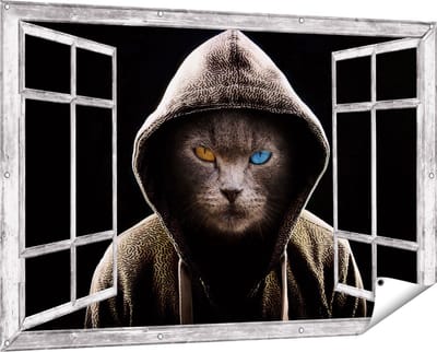 Gards Tuinposter Doorkijk Boze Kat Draagt een Hoodie - 150x100 cm - Tuindoek - Tuindecoratie - Wanddecoratie buiten - Tuinschilderij