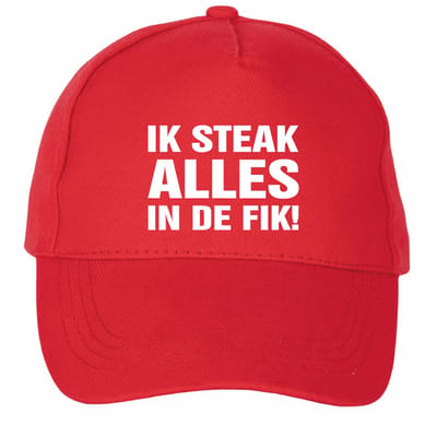 Mijncadeautje - 5 panel - Cap - Verstelbaar - Pet van 100% dik geborsteld katoen- unisex - opdruk wit - Ik Steak Alles in de Fik - rood