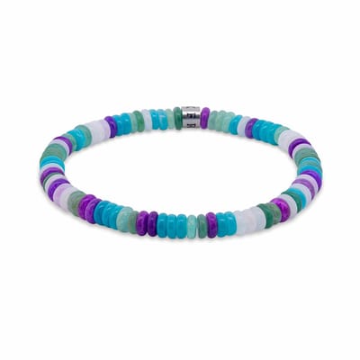 7FB-0800 – Frank 1967 – Heren Armband – Kralenarmband – Wit, Groen, Lichtblauw & Donkerpaars – Zilverkleurig
