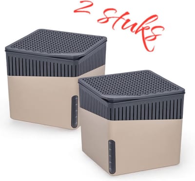 2 stuks luchtontvochtigerkubus, luchtontvochtiger vermindert schimmel en geurtjes, opvangbak met 500 g granulaatblok navulbaar, houdt tot 800 ml vocht vast, 13 x 13 x 13 cm, beige