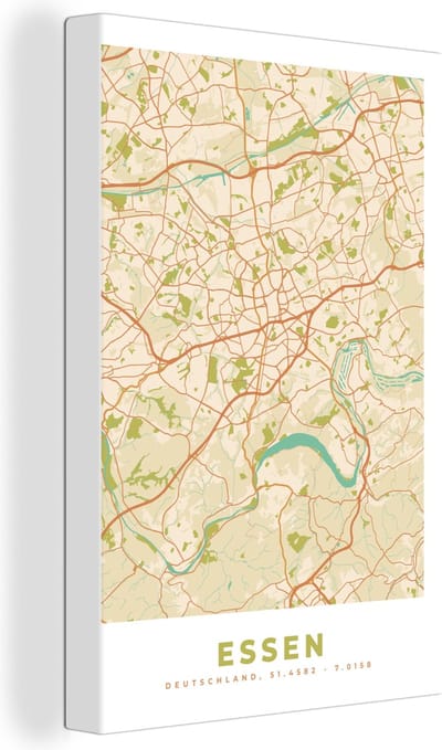 Canvas Schilderij Plattegrond - Essen - Vintage - Kaart - Stadskaart - 20x30 cm - Wanddecoratie