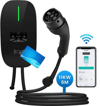 Junsun EV EU Mobiele Thuislader Laadkabel - Geschikt voor Elektrische Auto's | 11kW 16A 3-Fase Oplaadpunt- Type 2 Laadpaal met App/WiFi Bediening, 6M Kabel + RFID - 6A/8A/10A/13A/16A Schakelbaar - 3 Jaar Garantie - Type 2 CEE-stekker