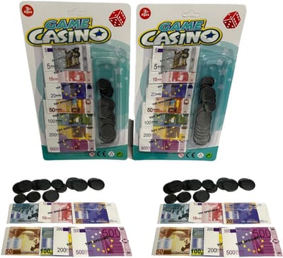 Speelgeld Euro Set - Bankbiljetten Munten - Kinderspel Educatie - Totaal 74 Stuks - 26 x 15 x 2 cm
