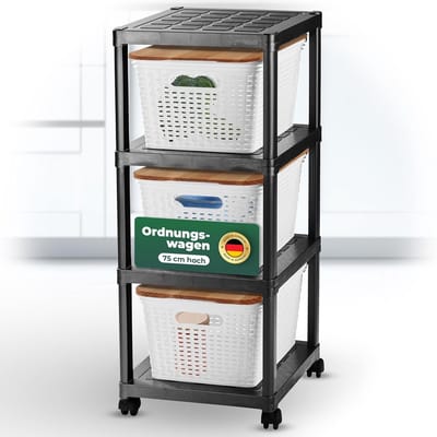 Novaliv rolwagen 4 niveaus met 3x rotan mand & houten deksel, badkamerplank badkamer keuken, opbergwagen zijwagen universele wagen schoonmaakwagen opbergwagen, opbergorganizer