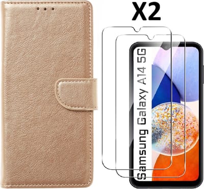 Samsung A14 5G /4G Hoesje met Pasjeshouder - bookcase Portemonnee – Met 2x Screenprotector / gehard glas – Goud