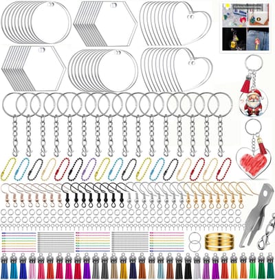 292-Delig Knutselpakket met 30 Karabijnhaak Sleutelhangers, 30 Transparant Plexiglas Plaat, 30 Hangers, 30 Kwastjes, 20 Oorbelhaak - Foto Keychain, Oorbellen, Sieraden Maken - Knutselen voor Meisjes, Jongens, Volwassenen - Sleutelringen Sleutellabels