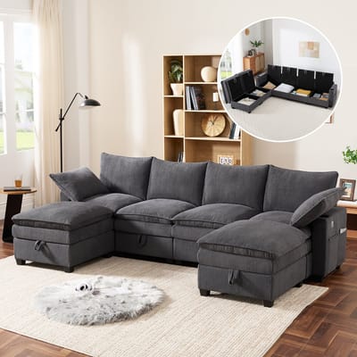 Moderne L-vormige Bank met Corduroy Hoes, L-Bank, 4-Zits Bank, Afneembare Voetenbank, USB-poorten, Opbergvakken en Bekerhouders, Modulaire Bank voor Woonkamer, Appartement en Kleine Ruimtes, Grijs