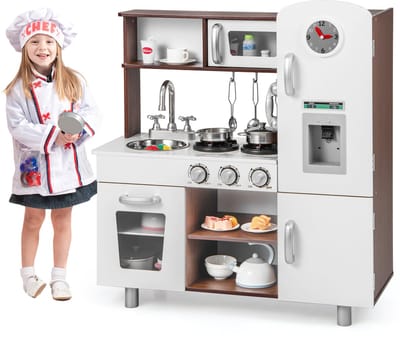 COSTWAY Houten kinderkeuken, speelkeuken met licht en geluid, speelkeukenset met fornuis, magnetron, oven, ijsmachine, telefoon, klok, gootsteen, accessoires, speelgoedkeuken voor kinderen vanaf 3