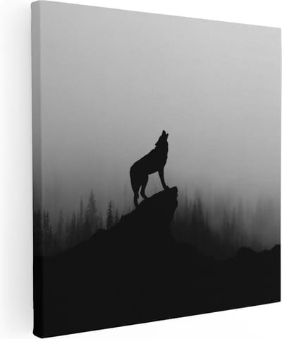 Artaza Canvas Schilderij Wolf - 80x80 cm - Wanddecoratie Dieren - Muurdecoratie Bos - Schilderijen Op Canvas Silhouet
