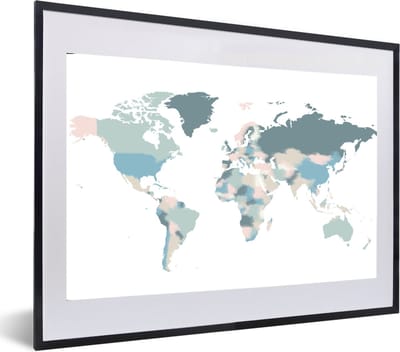Poster in lijst - Fotolijst 60x40 cm - Posters - Wereldkaart - Pastel - Wit - Posterlijst zwart - Decoratie - Wanddecoratie woonkamer - Muurdecoratie slaapkamer