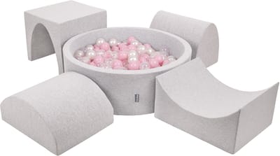 KiddyMoon schuimspeelplaats met rond ballenbad (200 ballen) ballenbakken voor baby's speelbad hindernisbanen, made in the eu, lichtgrijs:poederroze/parelmoer/transparant