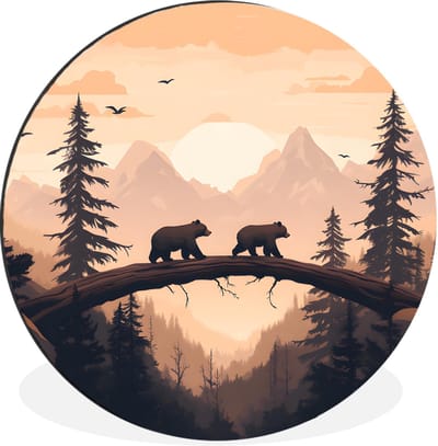 WallCircle - Wandcirkel - Muurcirkel - Beren - Bomen - Landschap - Zonsondergang - Aluminium - Dibond - 30x30 cm - Binnen en Buiten